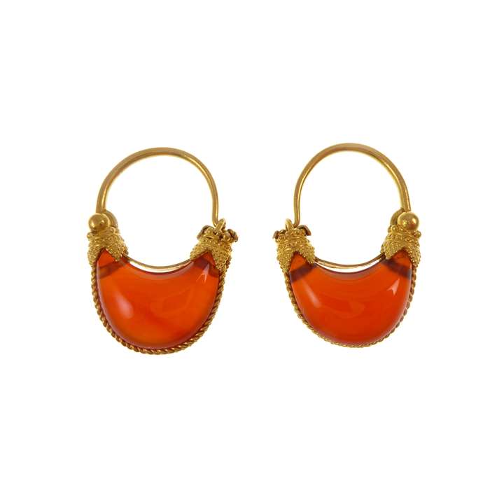Pair of gold and cornelian Etruscan revival earrings